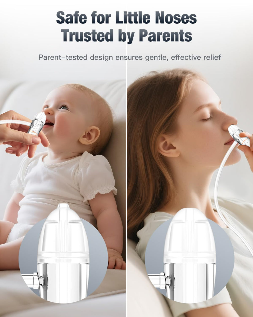 Omnilove baby nasal aspirator in use during nighttime routine.
