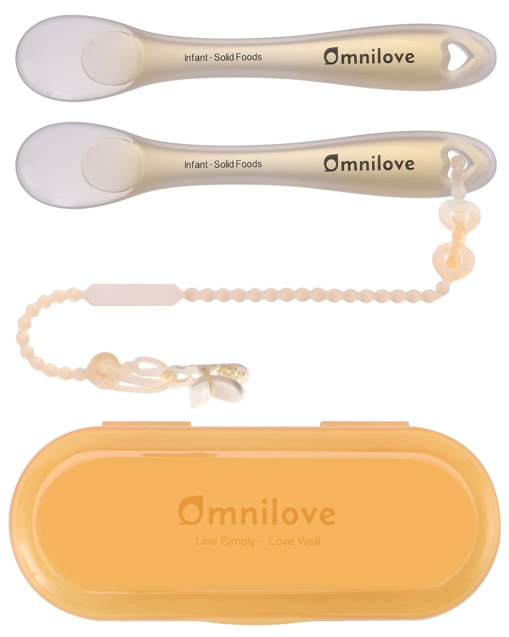 Omnilove silicone baby spoons 2-pack with case, ideal for on-the-go feeding.