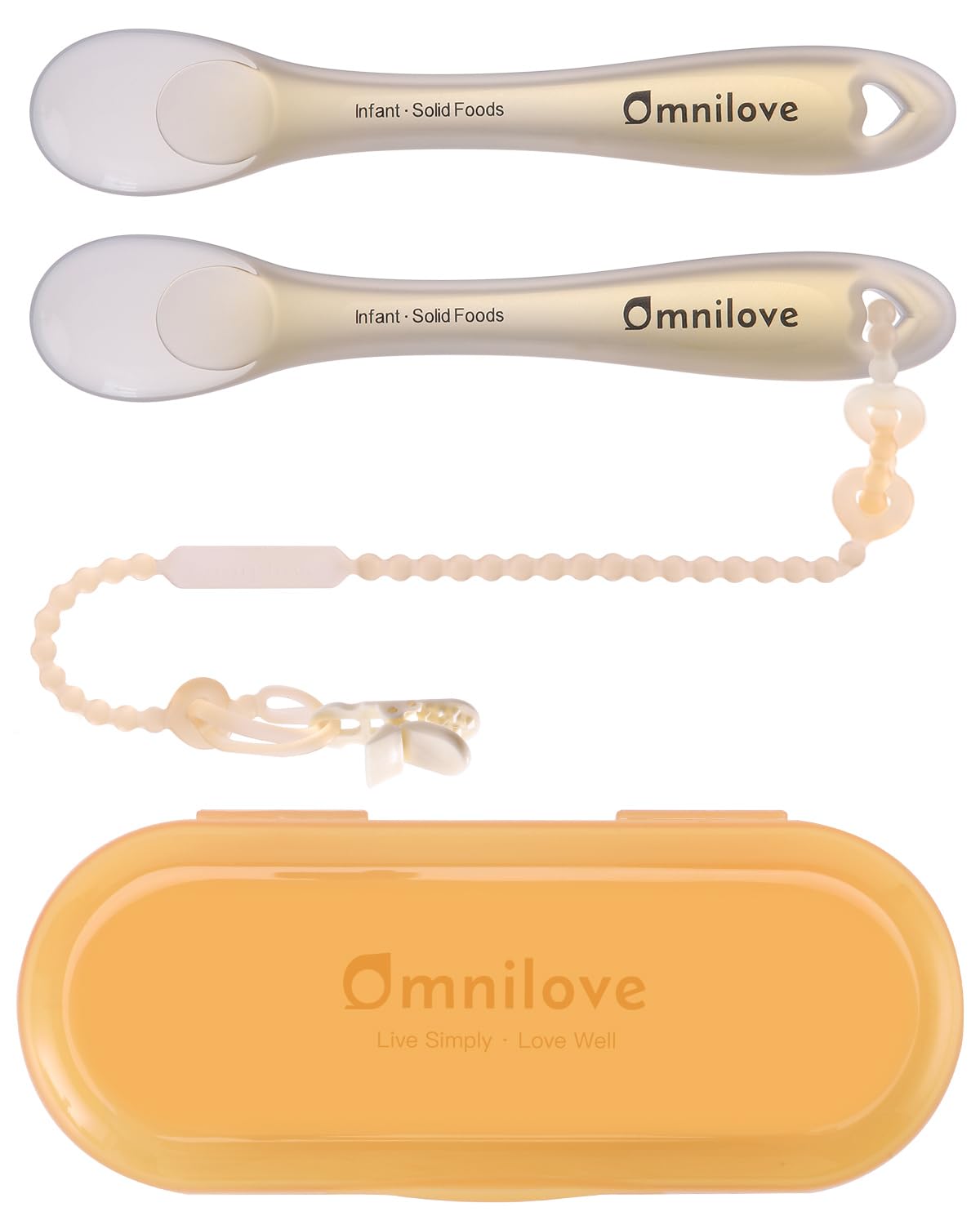Omnilove silicone baby spoons 2-pack with case, ideal for on-the-go feeding.