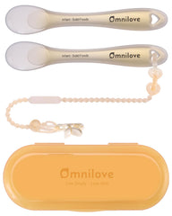 Omnilove silicone baby spoons 2-pack with case, ideal for on-the-go feeding.