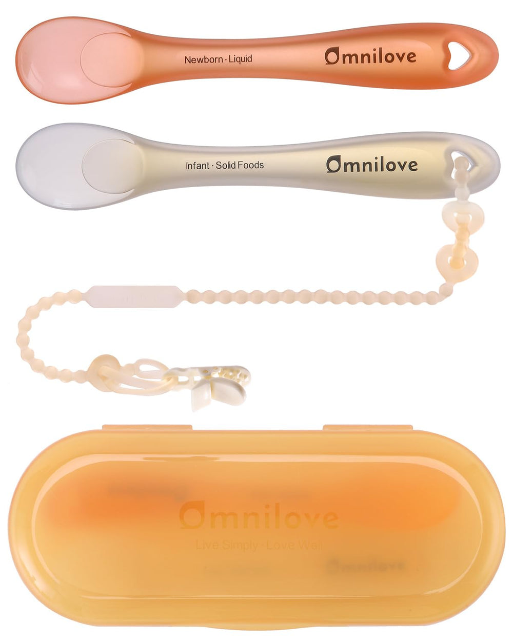 Omnilove silicone baby spoons in case for travel and hygiene