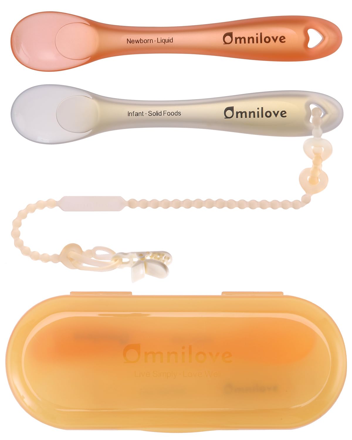 Omnilove silicone baby spoons in case for travel and hygiene