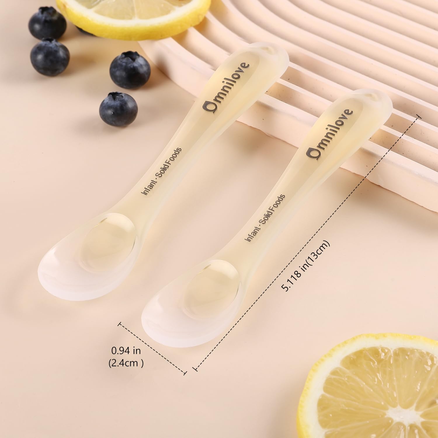 Omnilove silicone spoons with soft textures soothe gums.