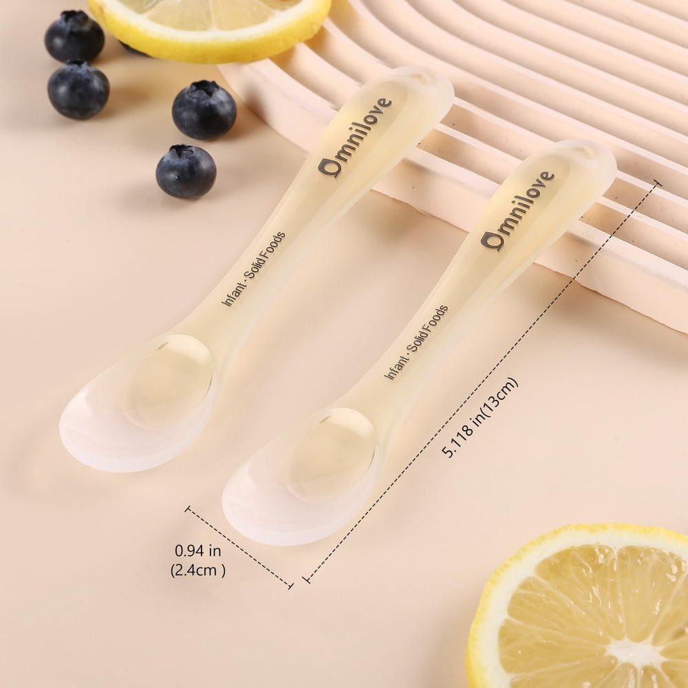 Omnilove silicone spoons with soft textures soothe gums.