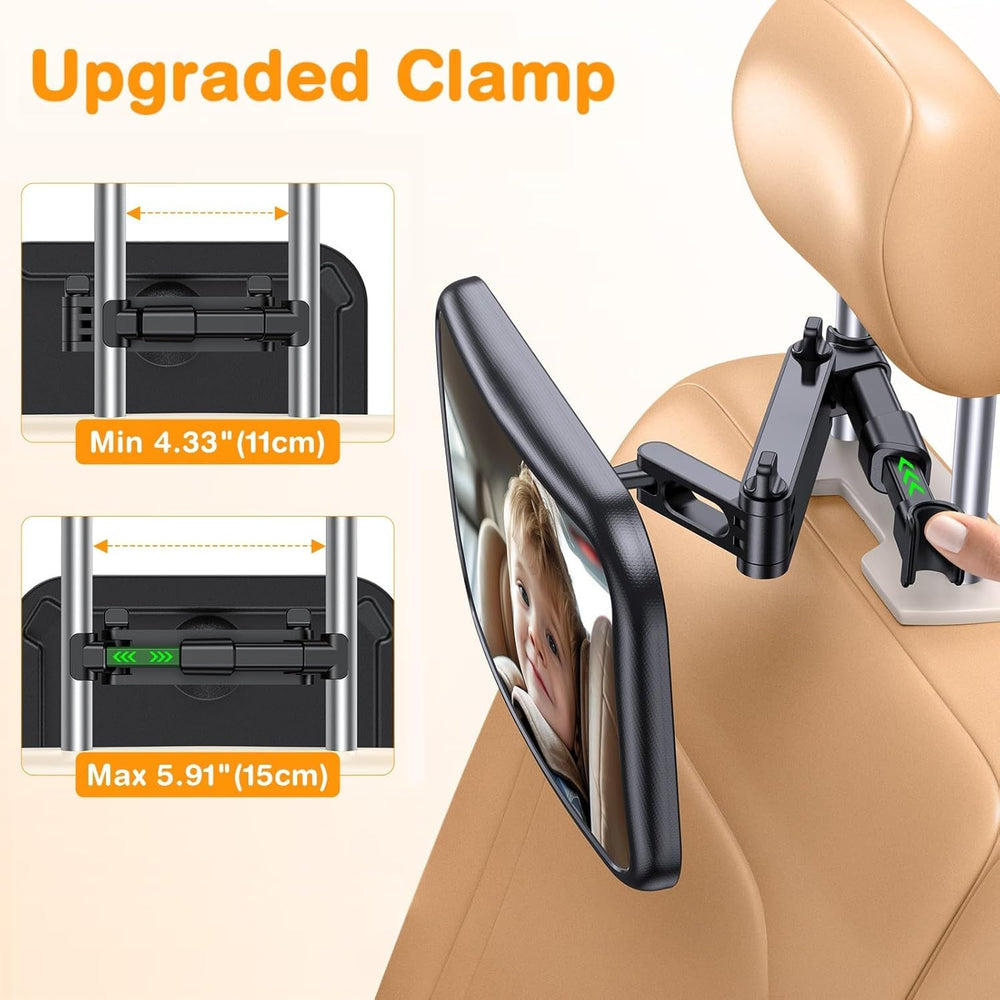 OMOTON retractable arm enables quick, secure mounting on adjustable headrests