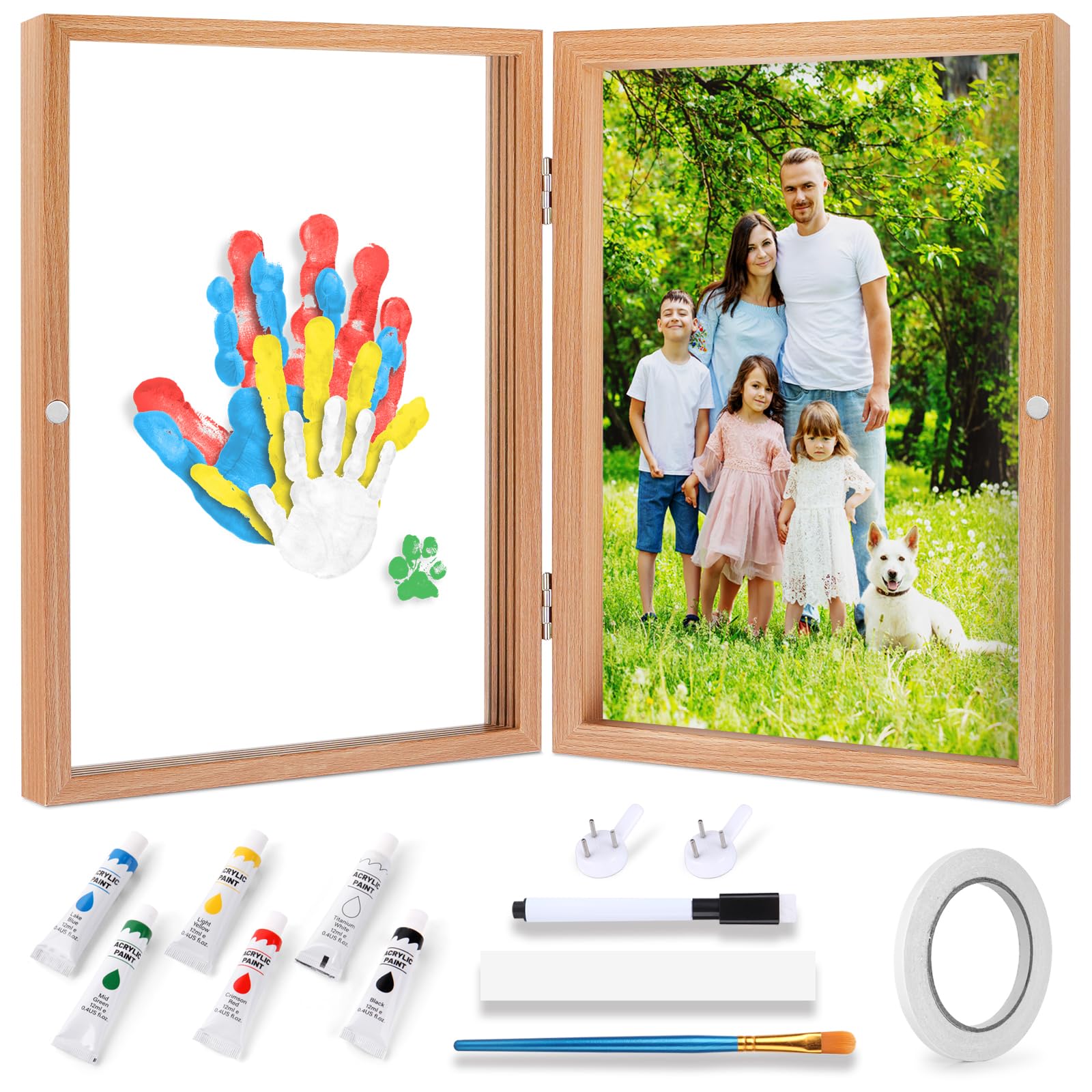 Omrhvi family handprint kit setup shows frame and paints for lasting memories.