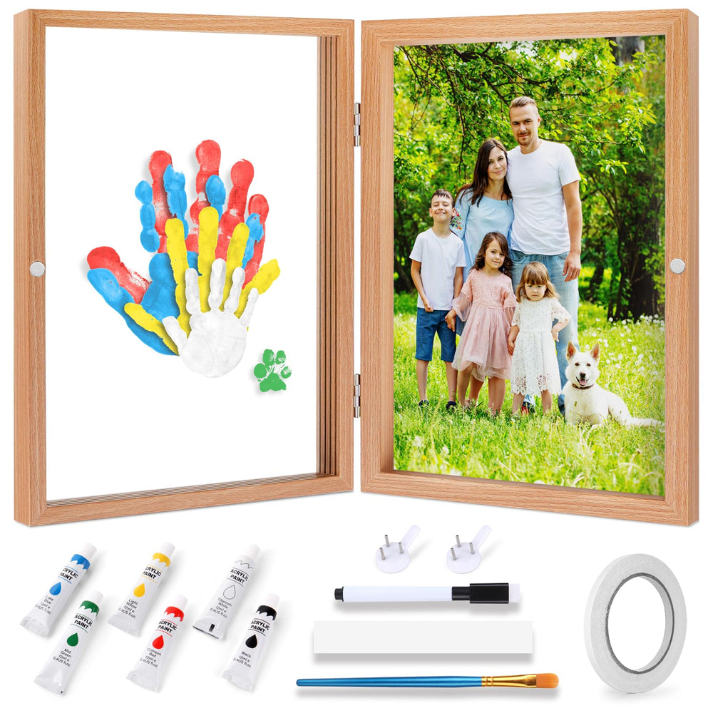 Omrhvi family handprint kit setup shows frame and paints for lasting memories.
