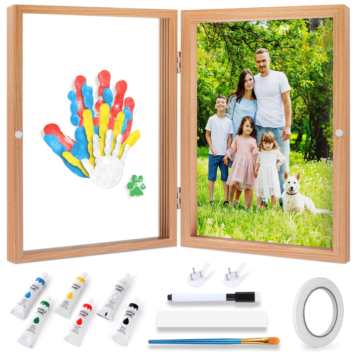 Omrhvi family handprint kit setup shows frame and paints for lasting memories.