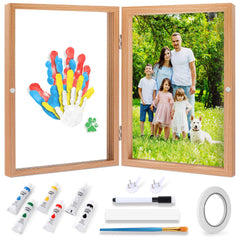 Omrhvi family handprint kit setup shows frame and paints for lasting memories.