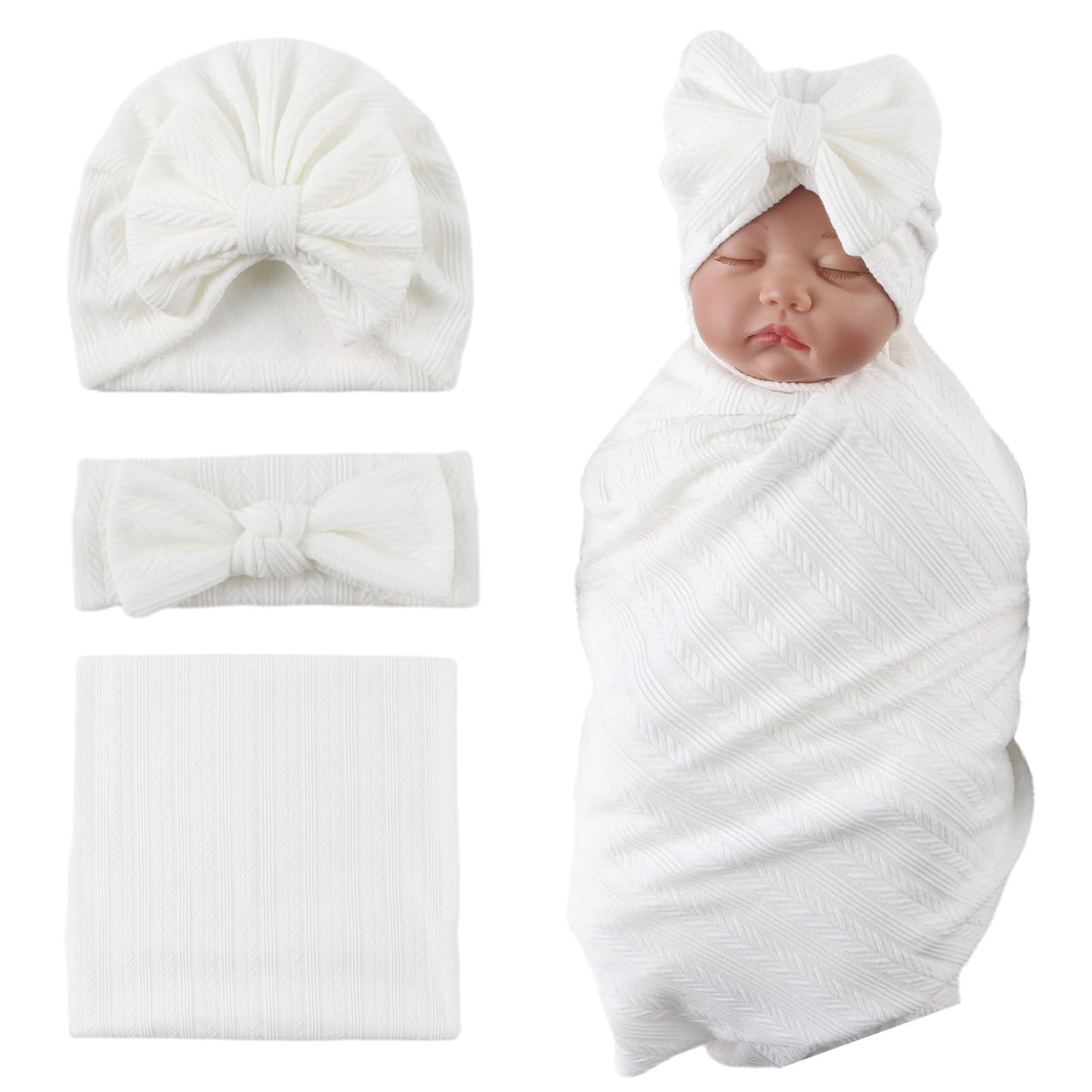 OMUKY newborn blanket with bow headband in white for cozy swaddling.
