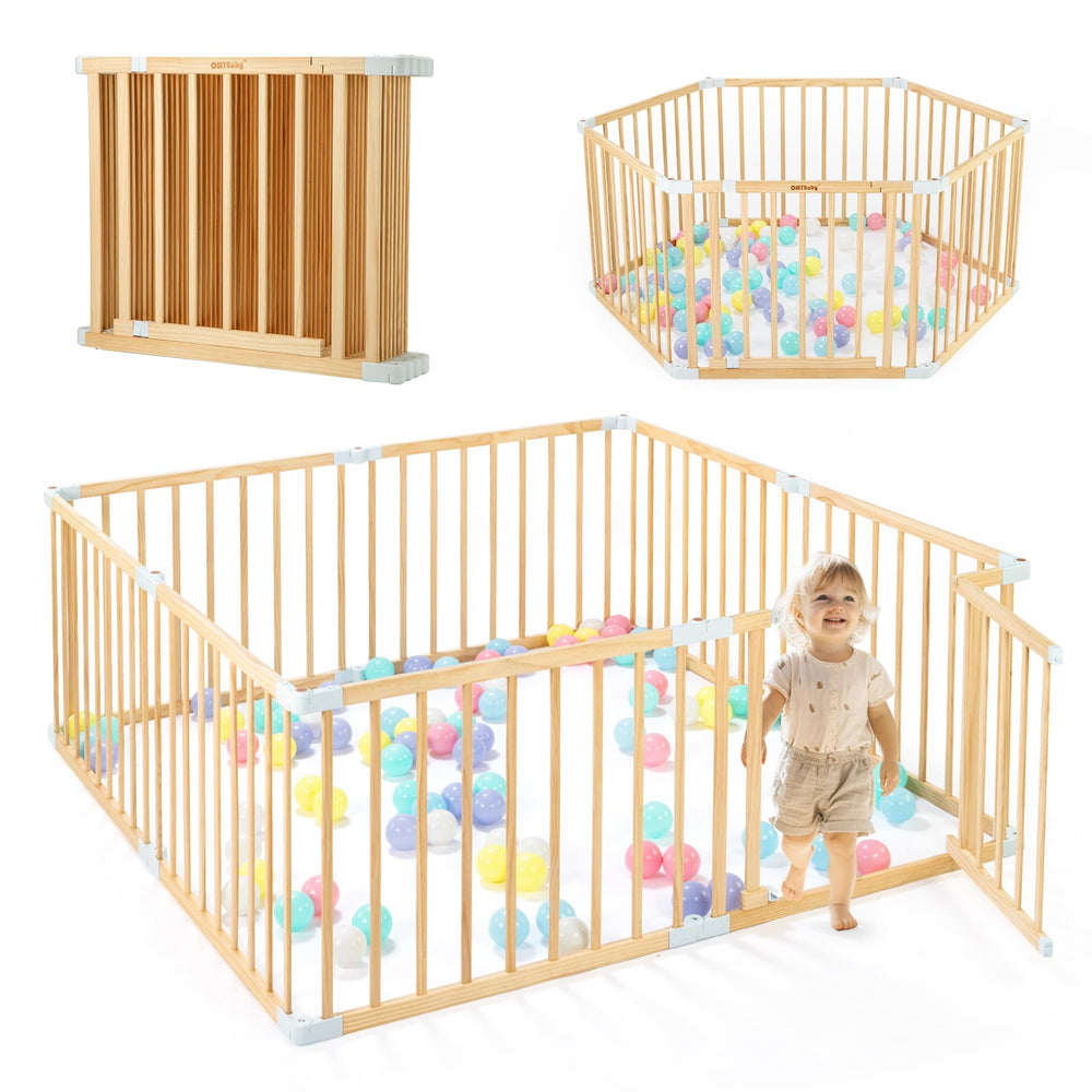 OMYbaby wooden playpen with 8-panel setup for flexible room layouts