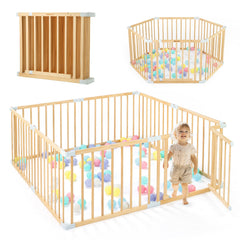 OMYbaby wooden playpen with 8-panel setup for flexible room layouts