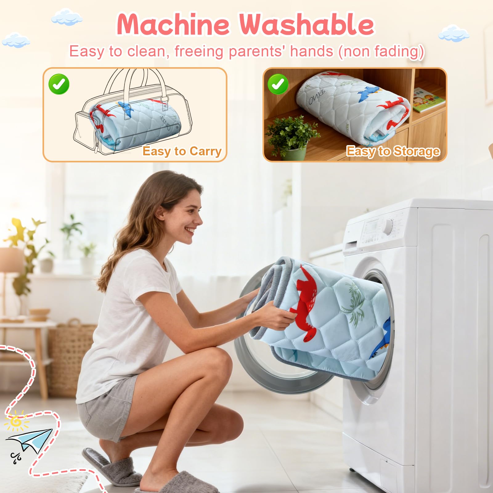 Dinosaur-pattern Omzer mat adds playful visual stimulation for babies.