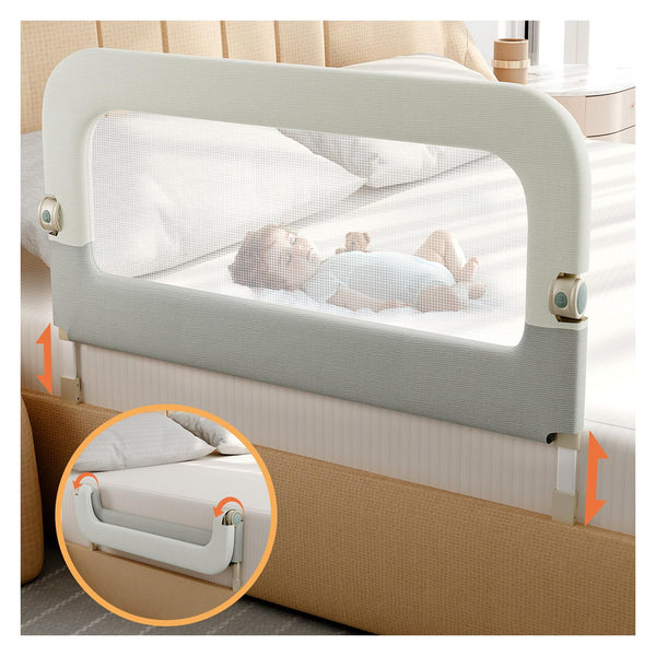 Omzer bed guard rail folded for compact storage and quick access.