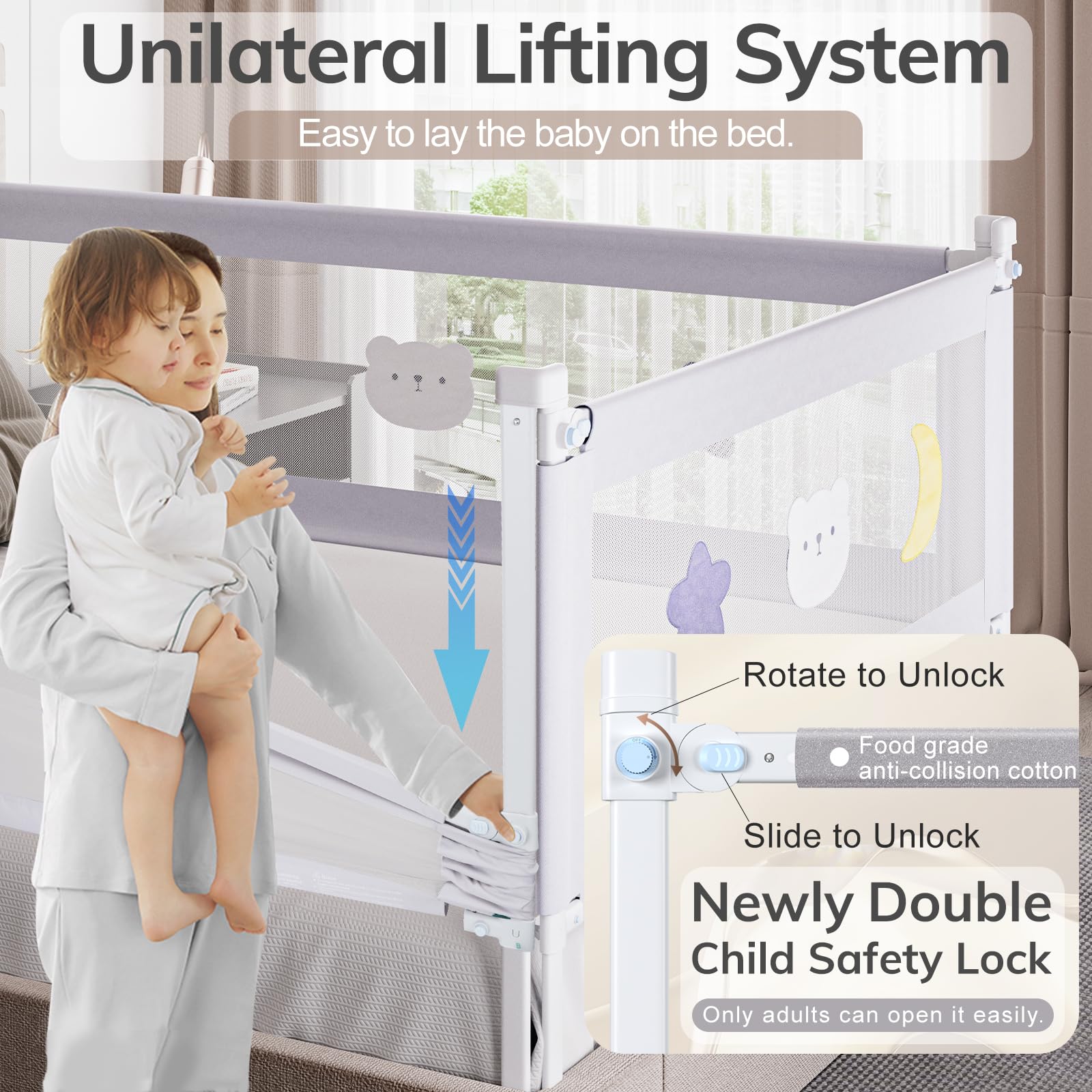 Omzer bed rail with double lock closeup highlighting secure locking for child safety