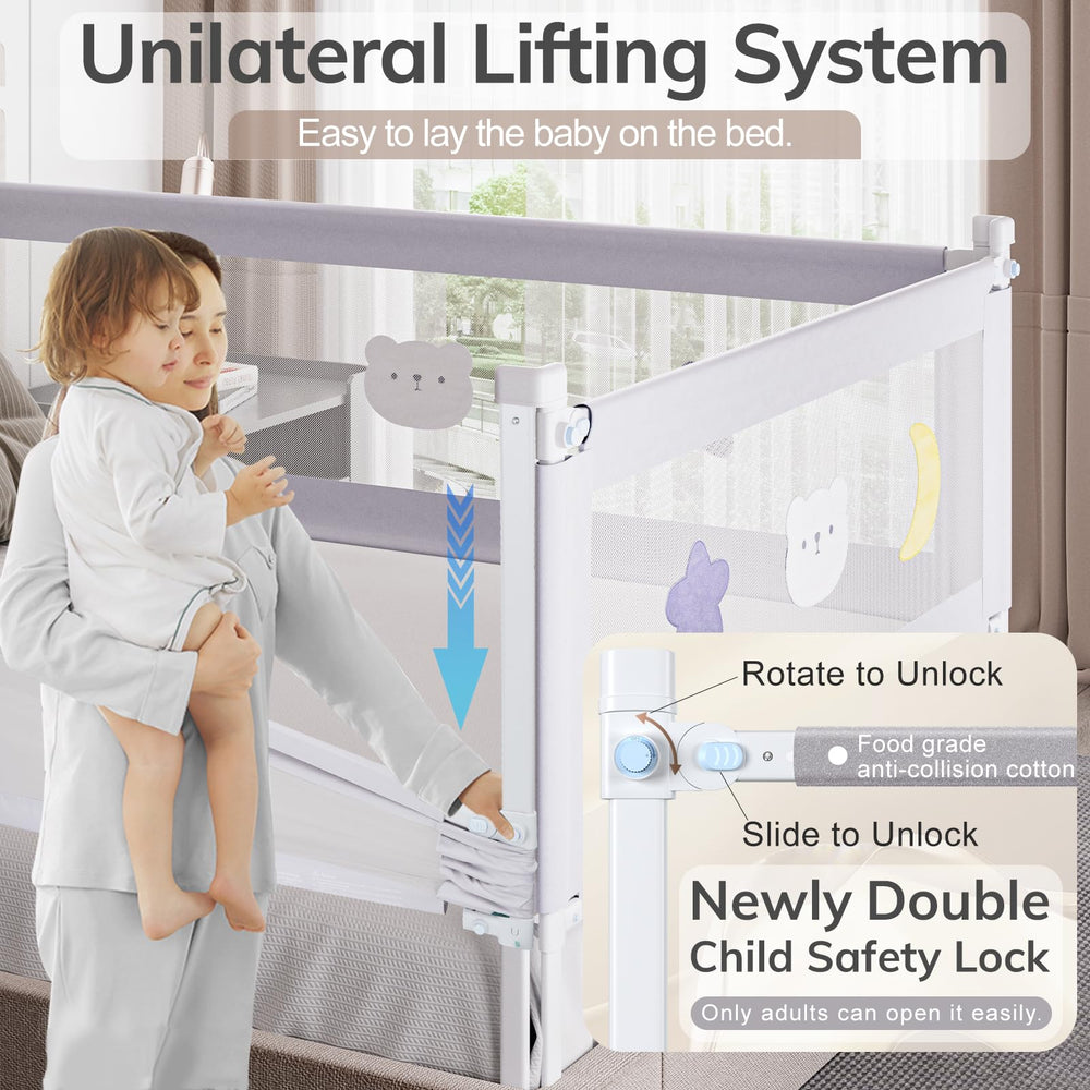 Omzer bed rail with double lock closeup highlighting secure locking for child safety