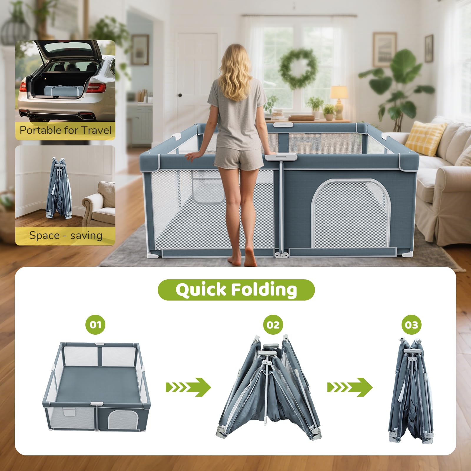 Omzer foldable playpen 360-degree mesh for visibility and airflow.