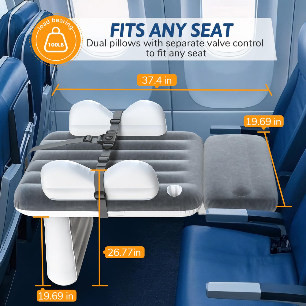 Omzer bed showing dual pillow and footrest for adjustable travel support
