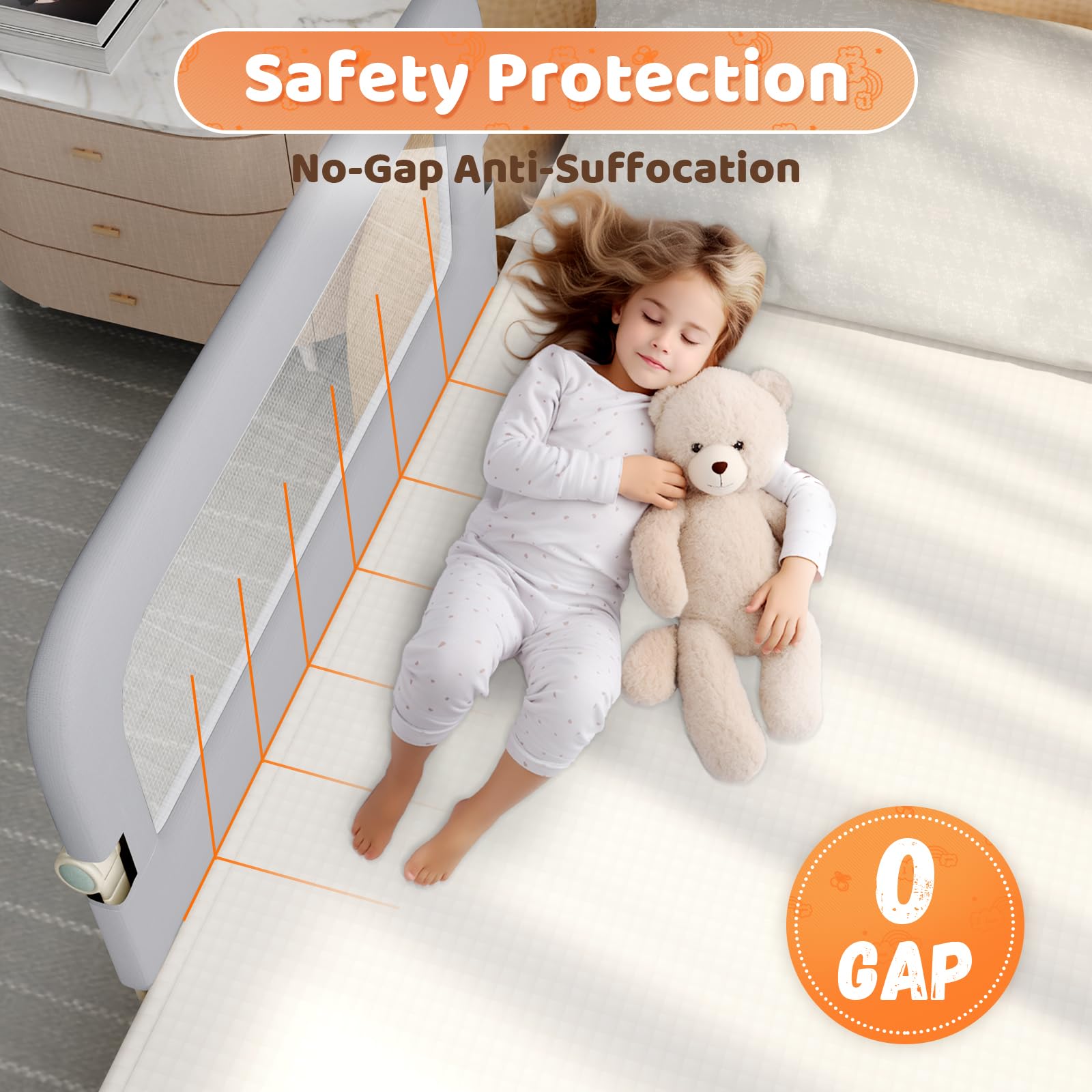 Omzer guard rail with 12-height options for multiple bed sizes.