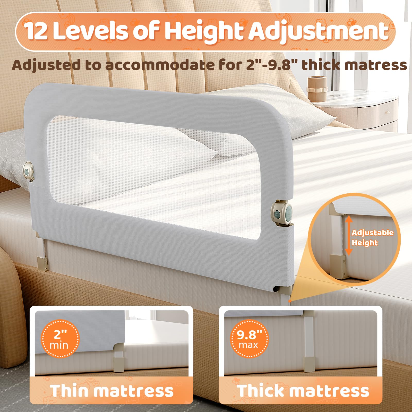 Omzer bed rail features breathable mesh fabric for airflow and monitoring.