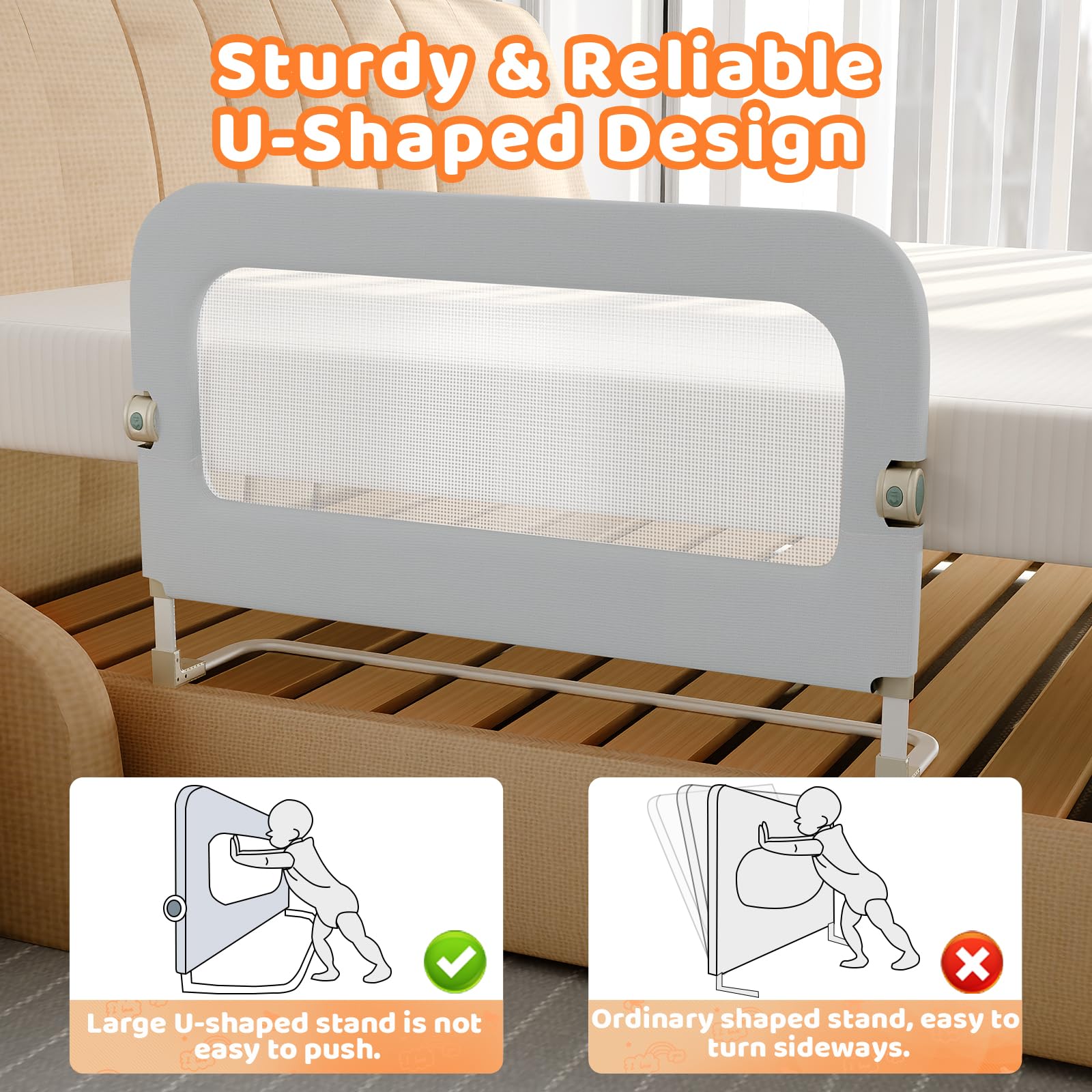 Omzer guard rail installs between mattress and frame without tools.