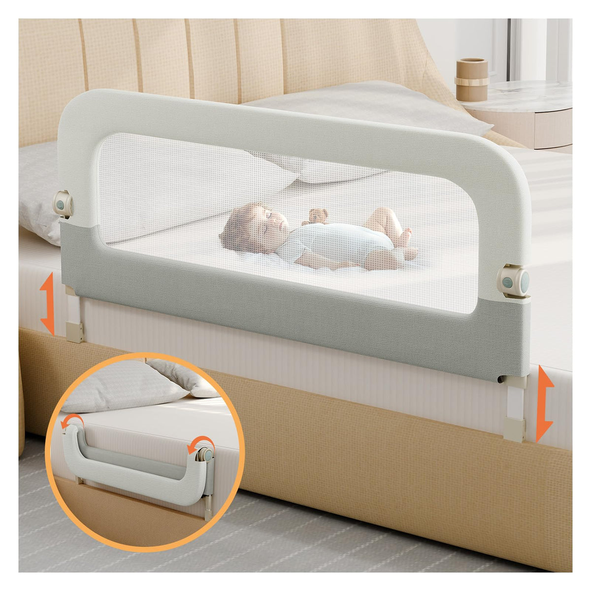 omzer large bed guard rail folded for daytime space-saving and easy storage