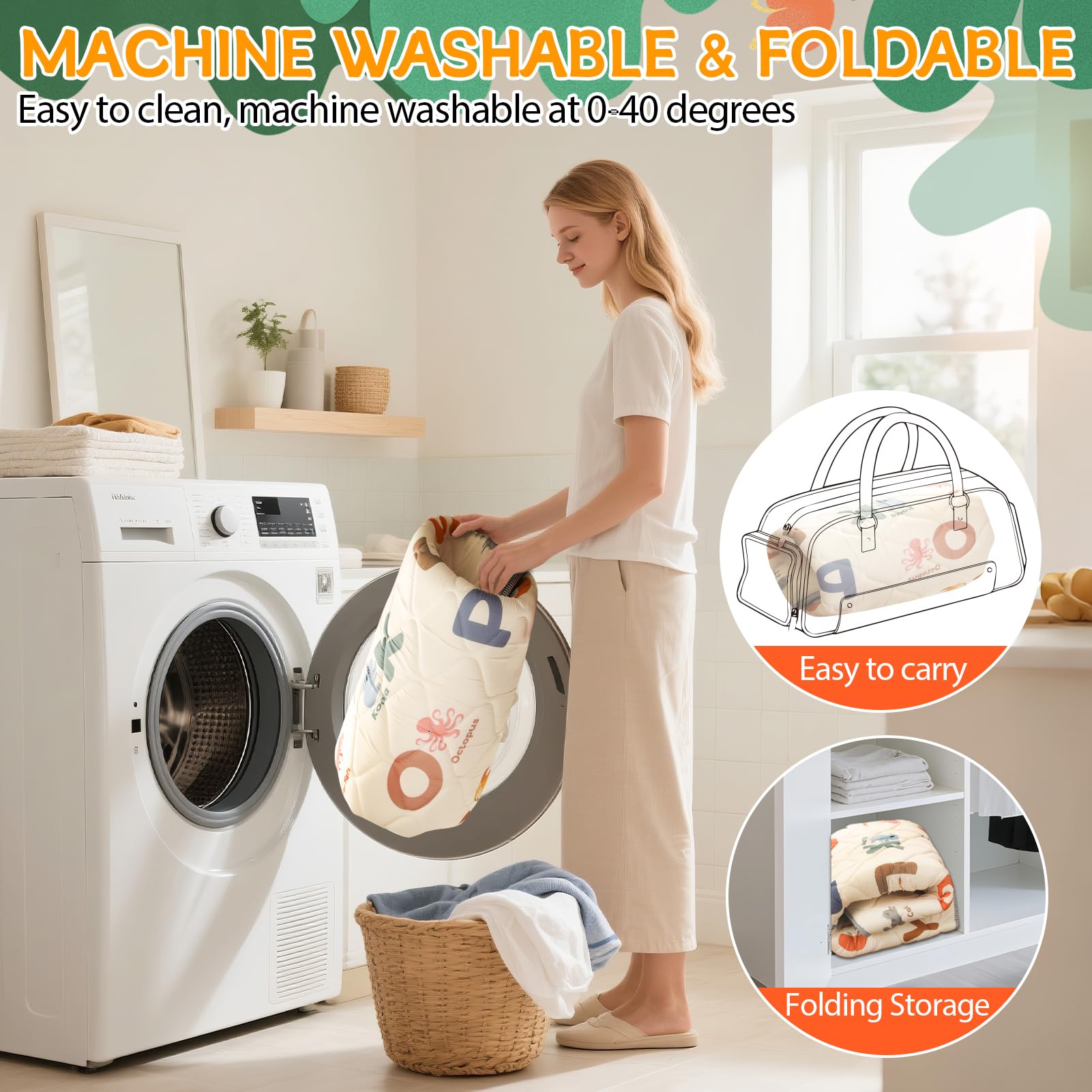 Omzer machine washable mat stays clean after messy play.