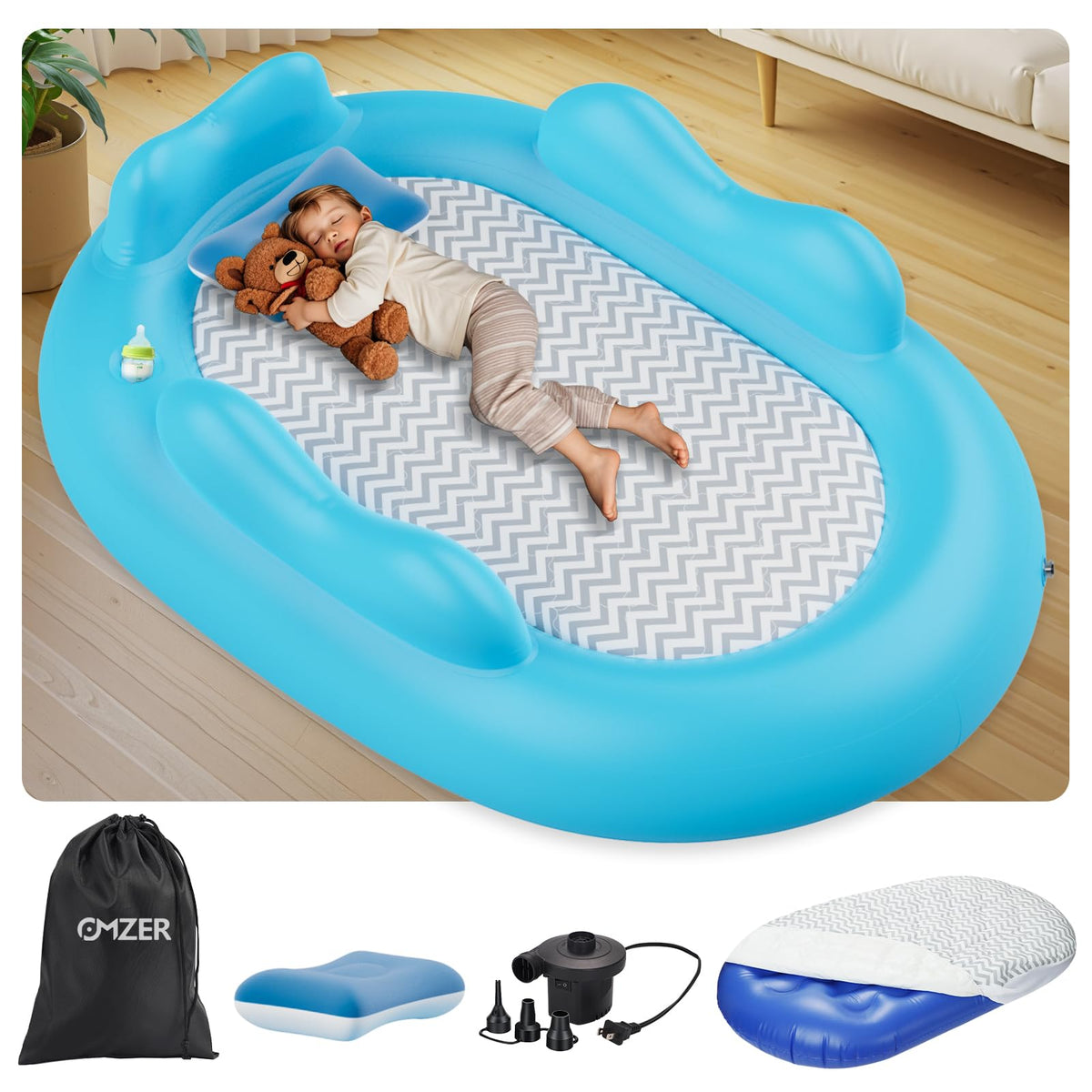 Omzer oval toddler travel bed shows a compact oval design for safe sleep away from home.
