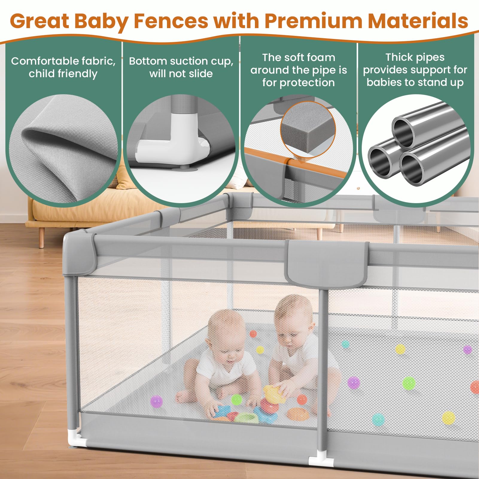 Omzer playpen uses BPA-free soft fabric for a gentle touch and safety