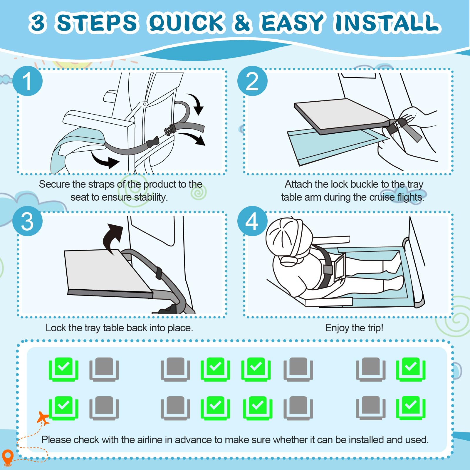 Omzer safety belt quick-install features fast, tool-free setup during flights.