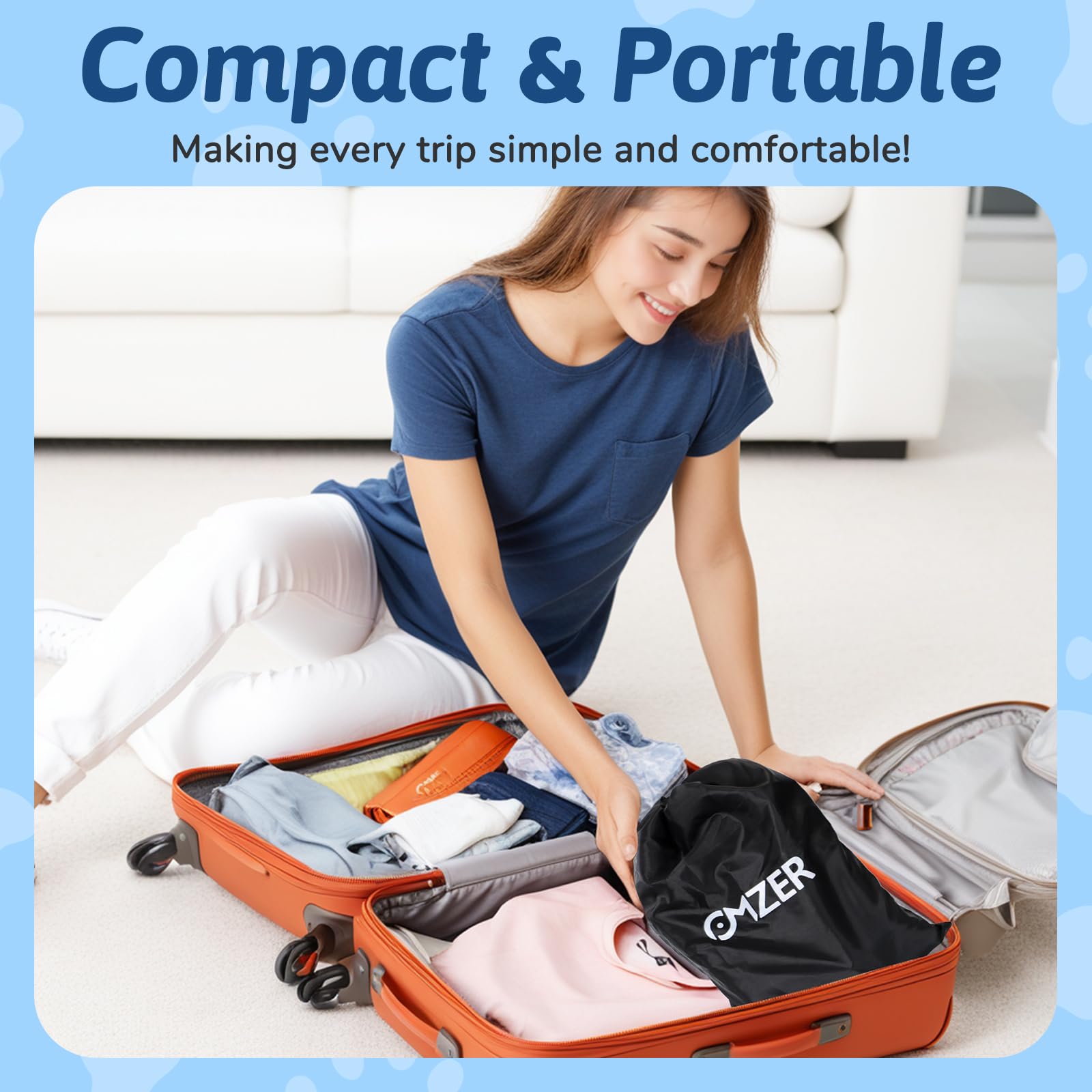 Omzer bed folded compactly for easy packing in a suitcase