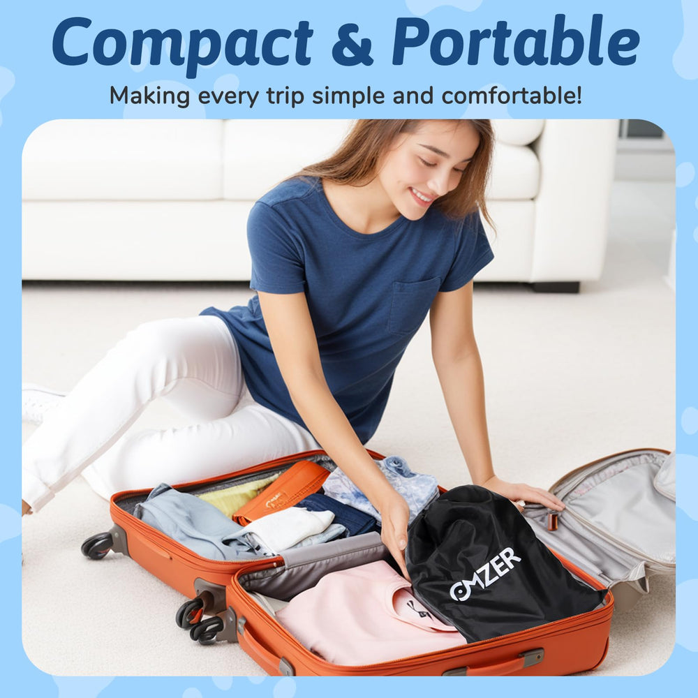 Omzer bed folded compactly for easy packing in a suitcase