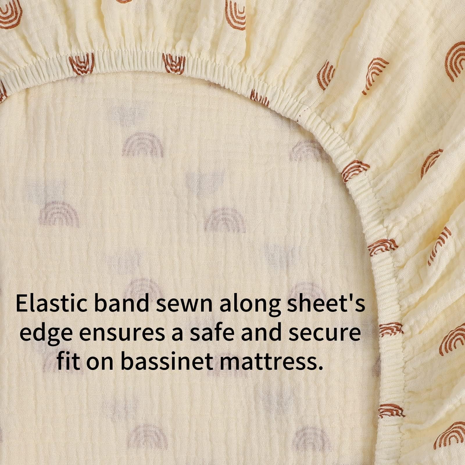 Onacosht muslin bassinet sheet natural rainbow print adds nursery charm.