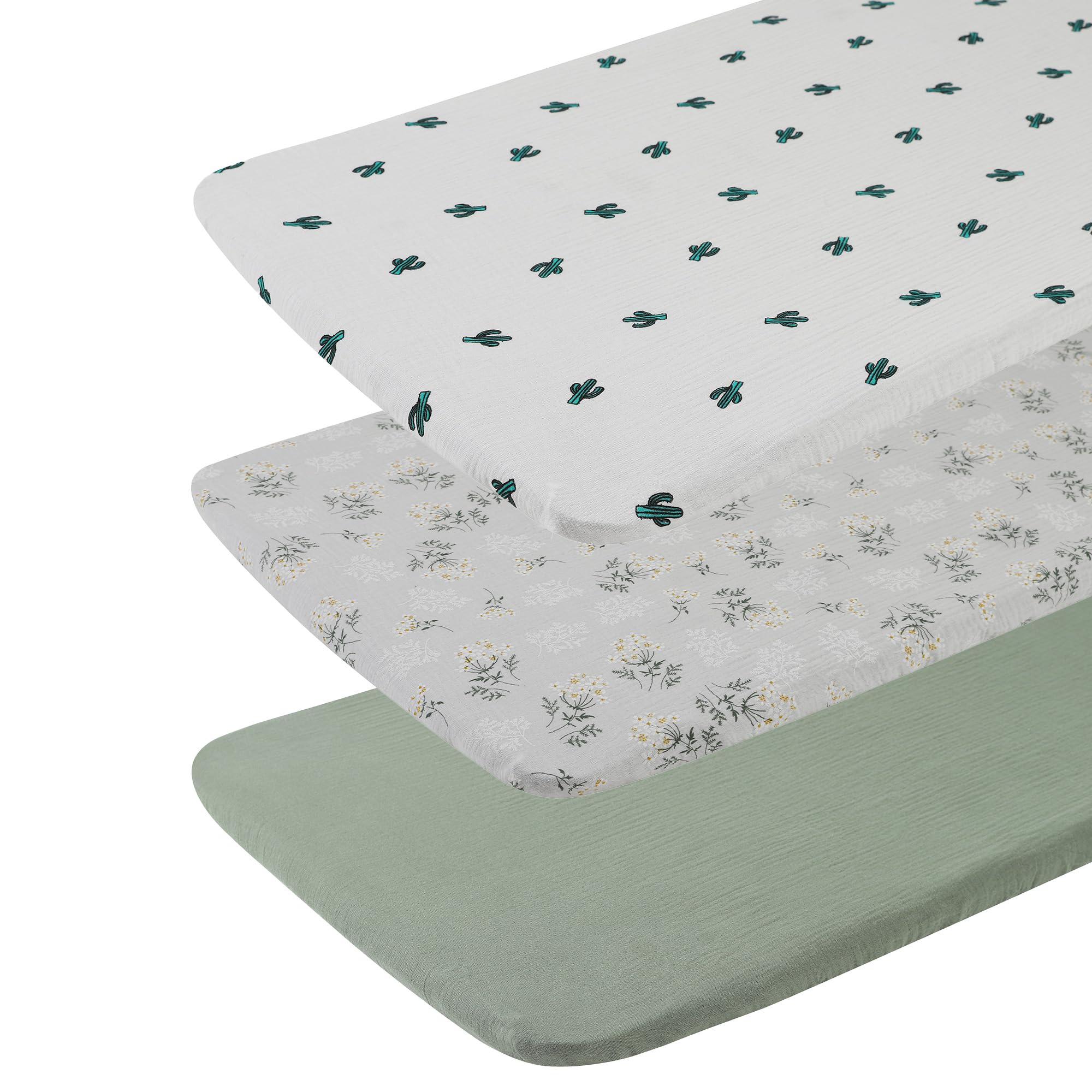 Onacosht bassinet sheets set, green floral cactus pattern, wrinkle-free secure fit