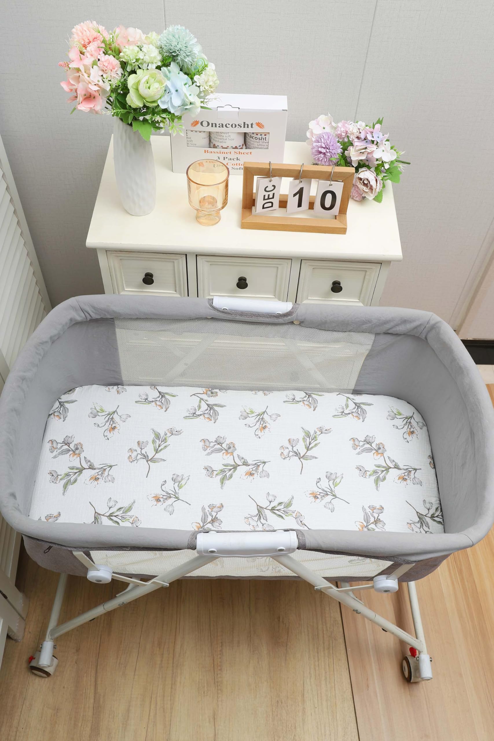 Sweet prints coordinate with nursery decor and muslin swaddles.