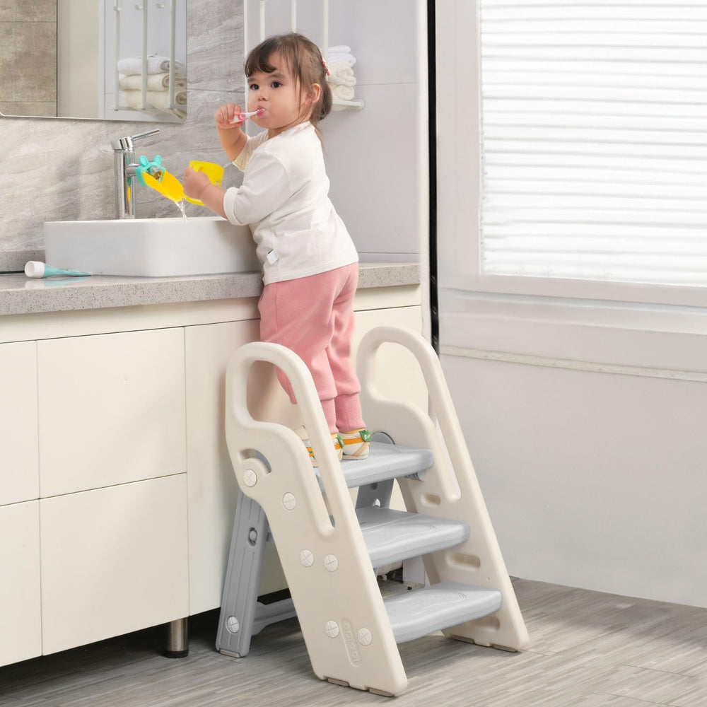 Onasti foldable step stool grey side view highlights easy folding for quick storage.