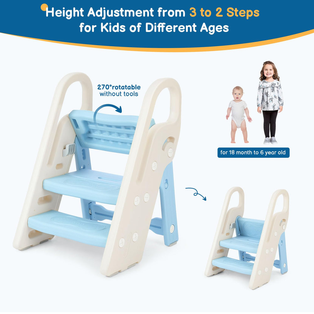 Onasti foldable step stool with handrails enhances child stability during use.