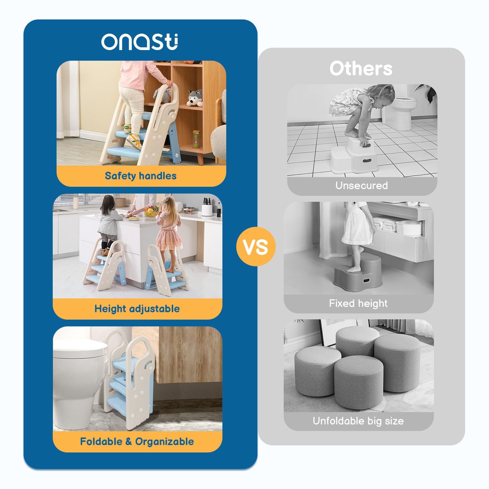 Onasti stool with faucet extender supports independent handwashing for children.