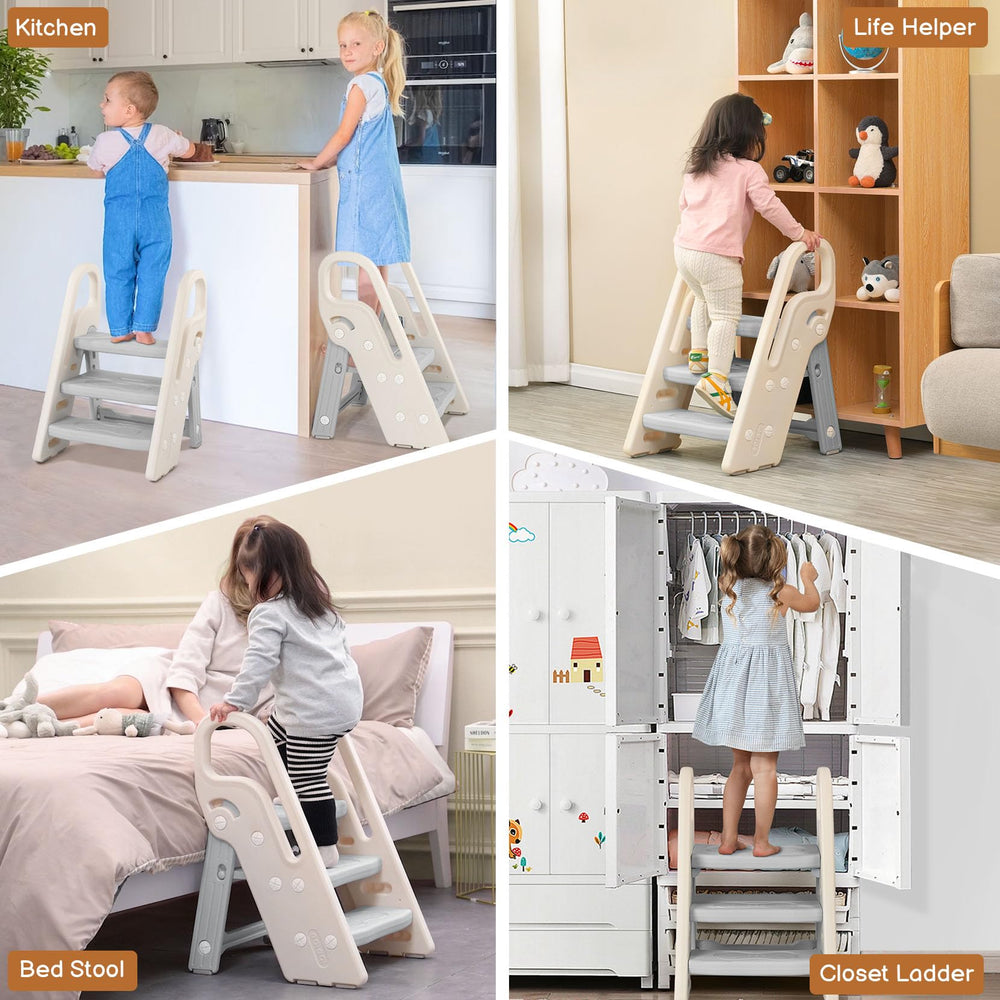 Onasti kitchen-use height-adjustable stool supports reaching counters and shelves.