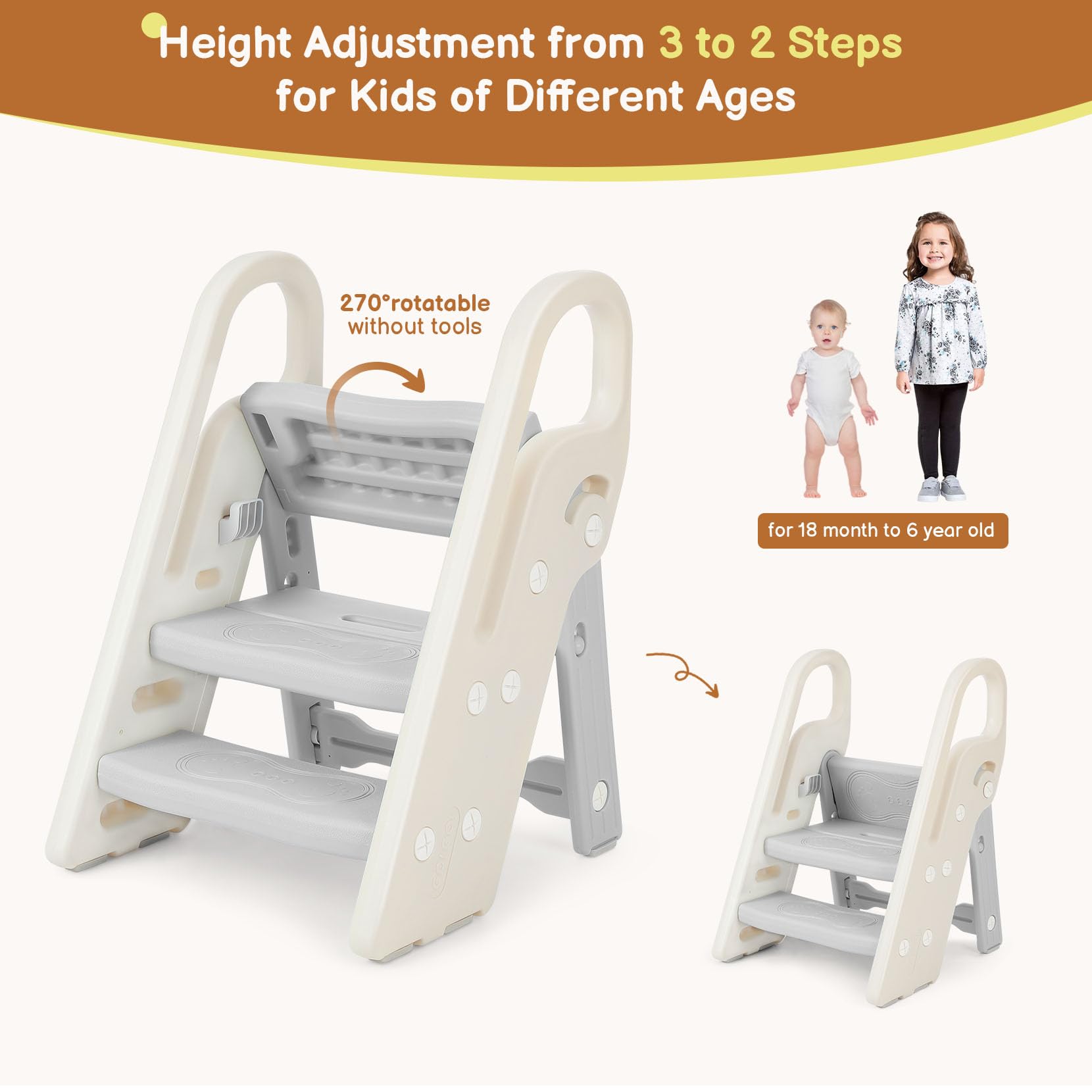 Onasti step stool with handrails demonstrates kid-friendly height and secure grip.