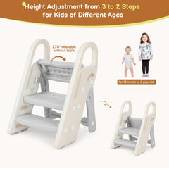 Onasti step stool with handrails demonstrates kid-friendly height and secure grip.