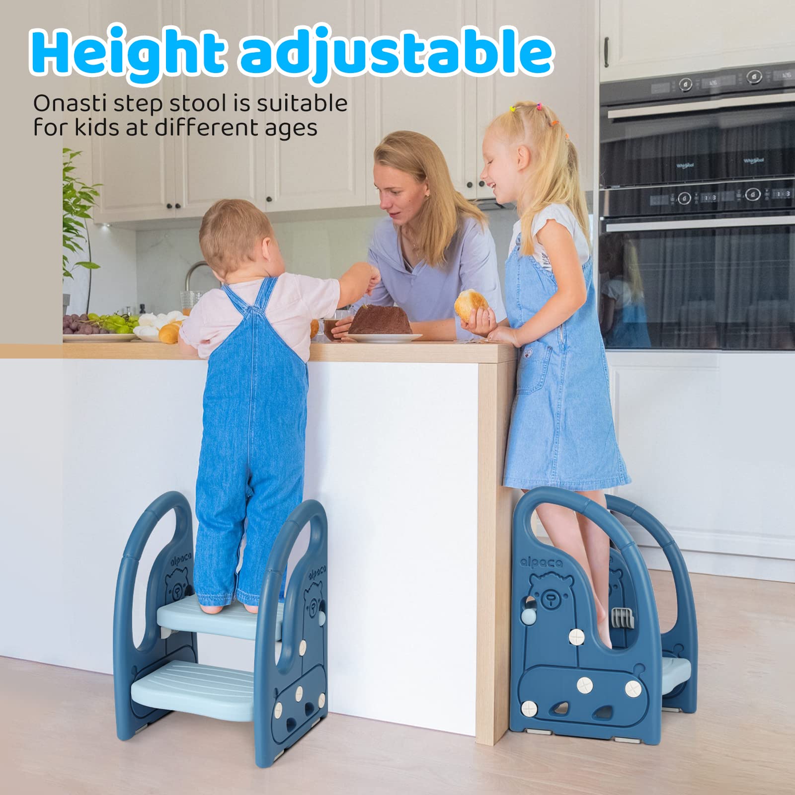 Onasti toddler step stool handles provide secure grip for safe climbing.