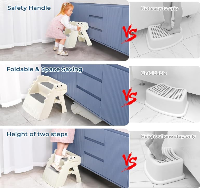 Onasti foldable stool helps toddlers reach sinks and toilets.