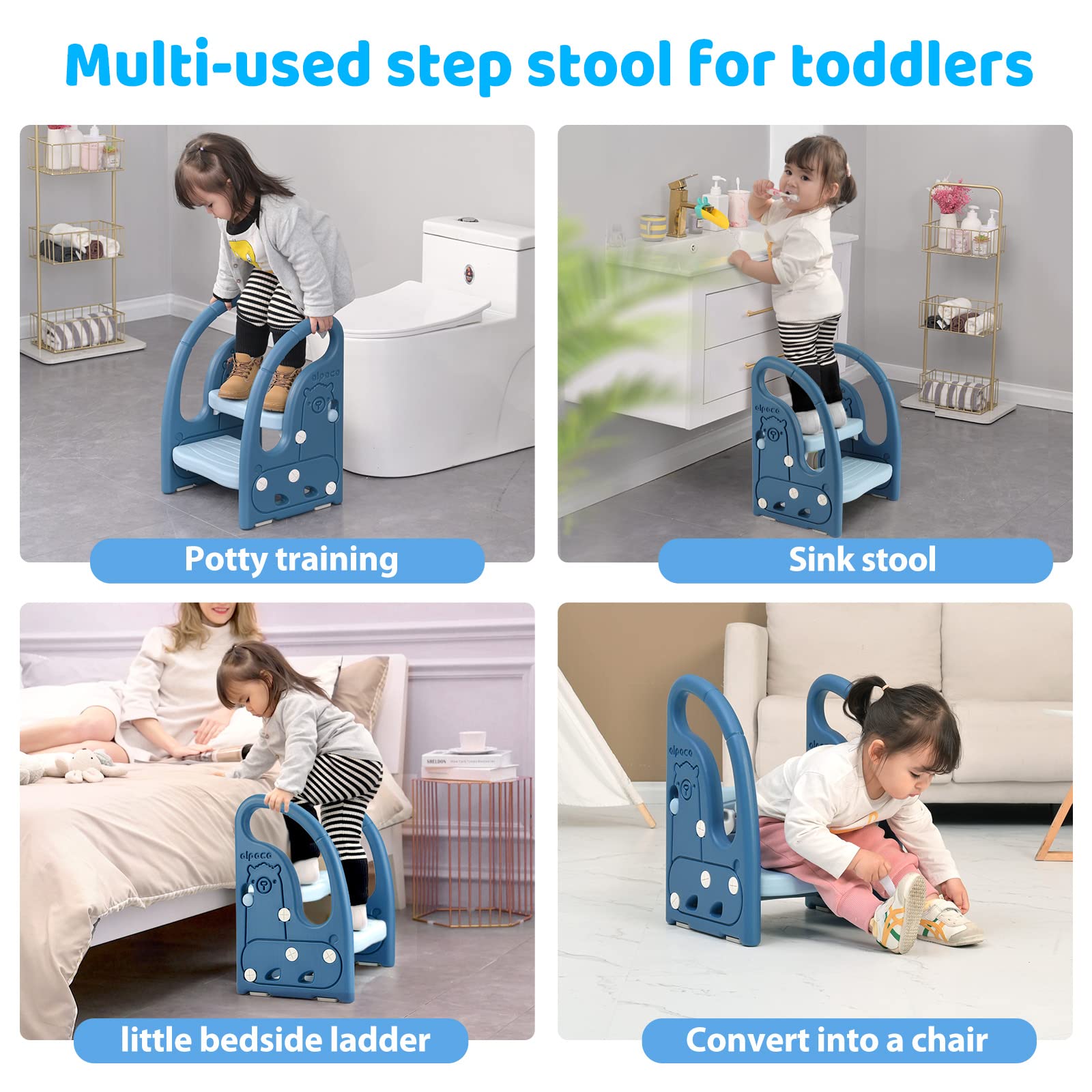 Onasti toddler step stool wide pedals encourage stable footing.