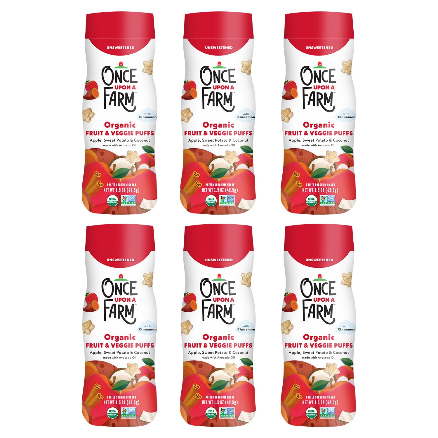 Once Upon a Farm apple-sweet-potato-coconut puff canister on shelf supports on-the-go feeding