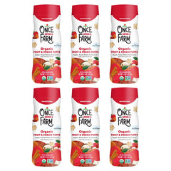 Once Upon a Farm apple-sweet-potato-coconut puff canister on shelf supports on-the-go feeding