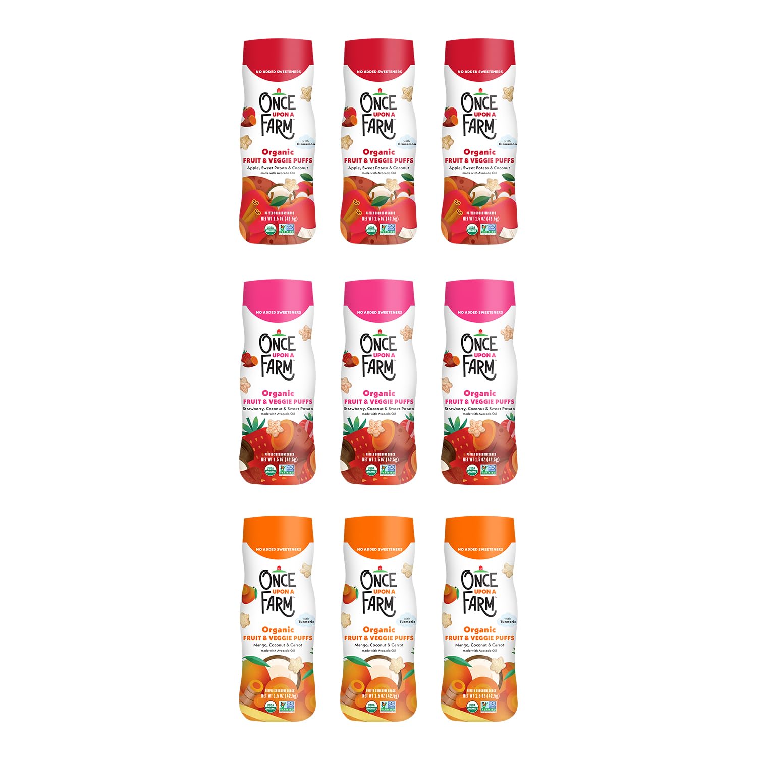 Once Upon a Farm Apple Sweet Potato puffs for self-feeding exploration and flavor discovery