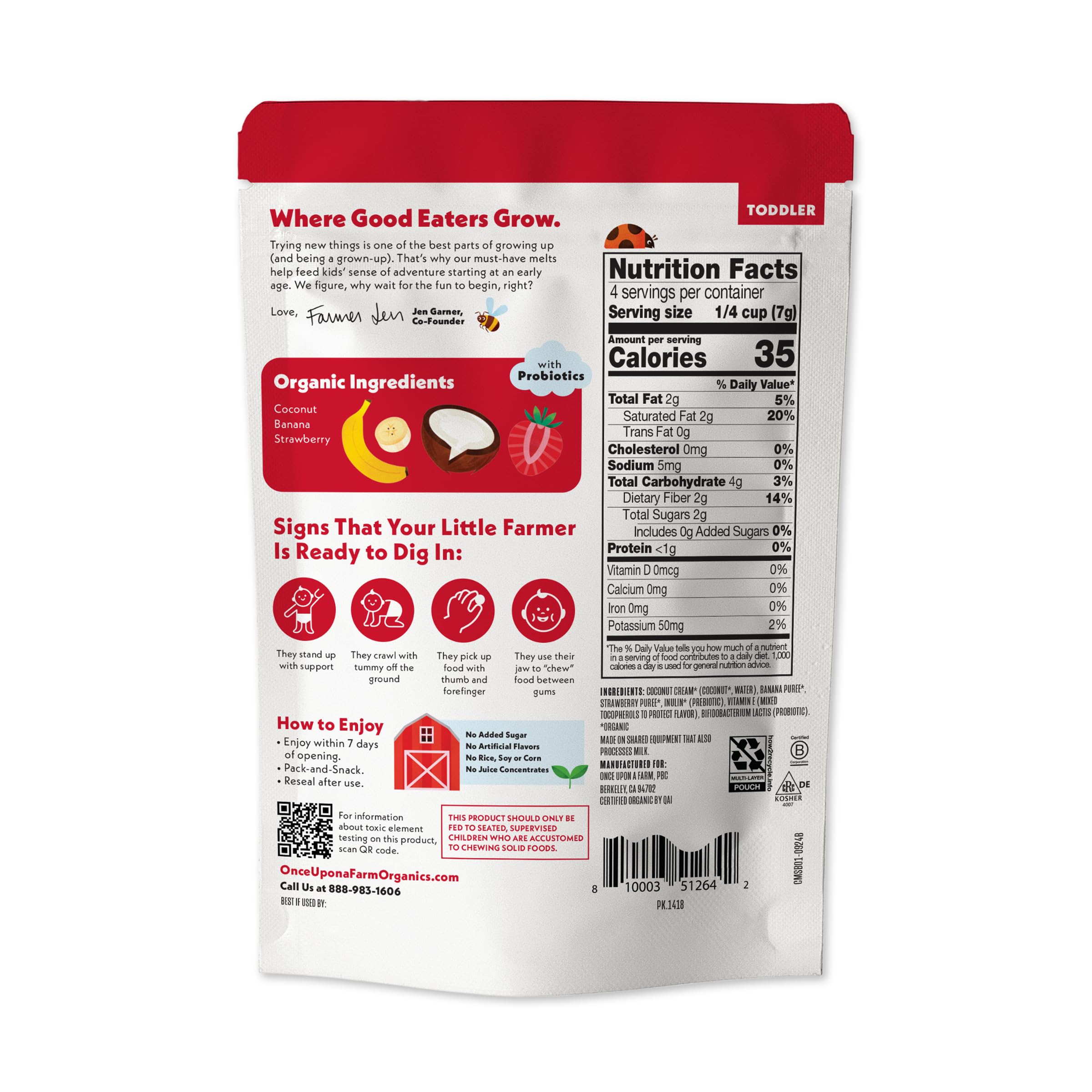 Once Upon a Farm coconut melts probiotic label highlights gut-friendly option