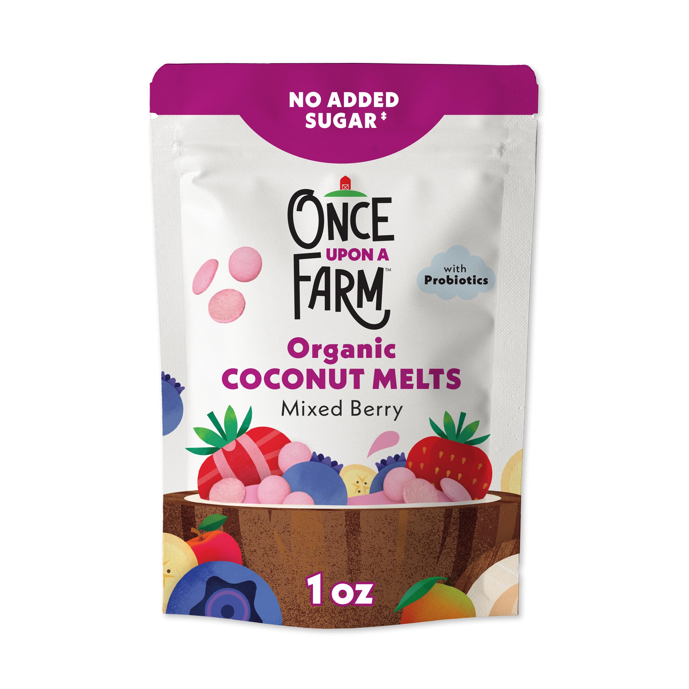 Once Upon a Farm berry melts dairy-free and non-GMO status as a toddler-friendly treat.