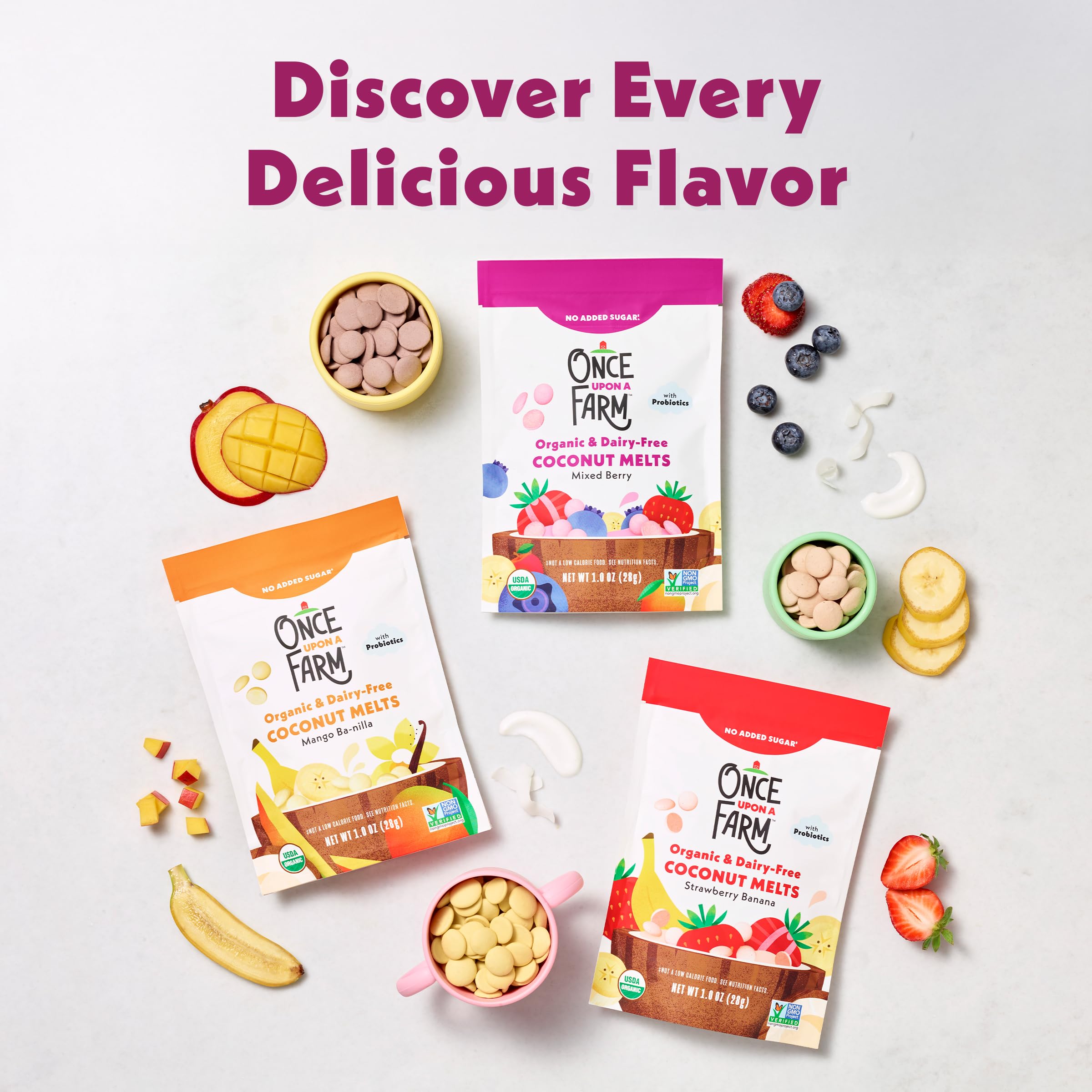 Once Upon a Farm probiotics berry melts close-up kid-friendly bite-sized snack.